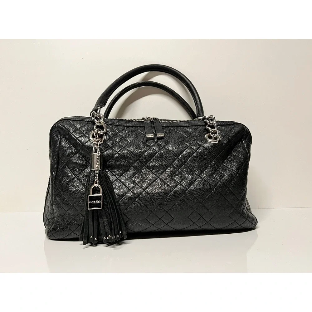 Calvin Klein Black Quilted Leather Satchel Bag Silver Chain Tassel Charm Handbag